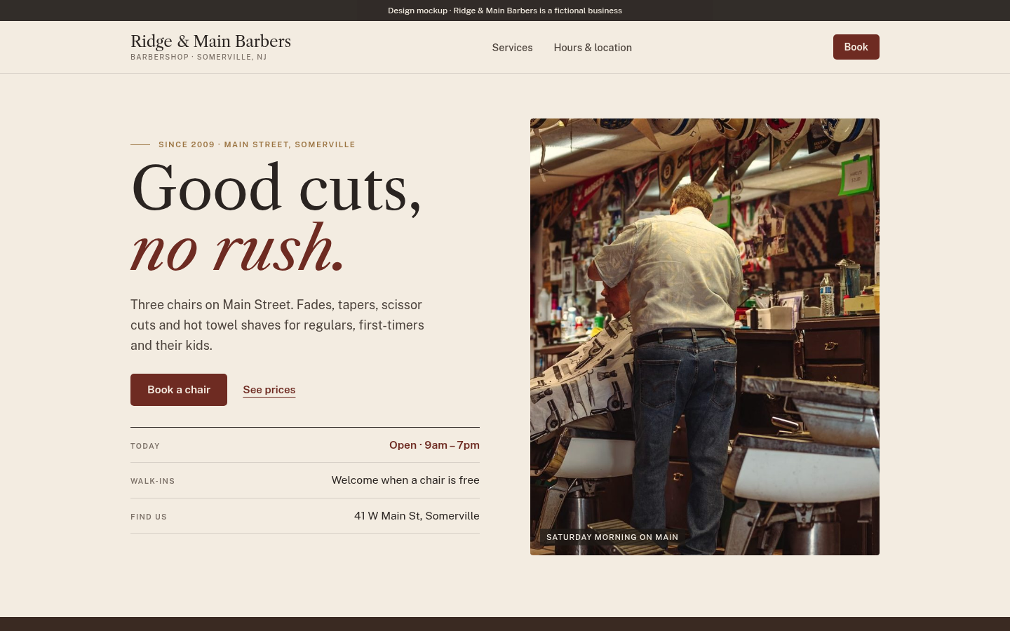 Example KeepYourCut barbershop booking site with prices, hours and a Book a chair button