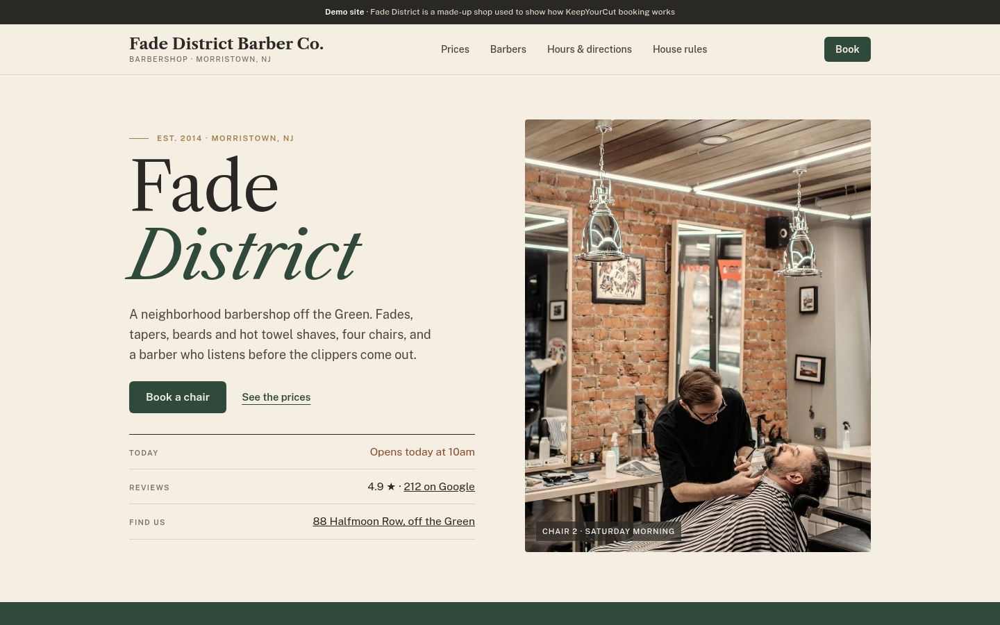Fade District Barber Co. demo booking site in the classic cream and green look